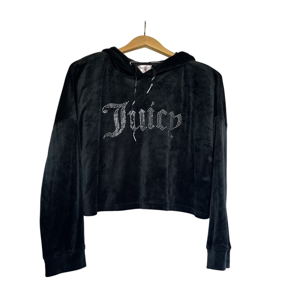 L Women's Juicy Couture Sleepwear Loungewear Black Velour Cropped Hoodie Diamond